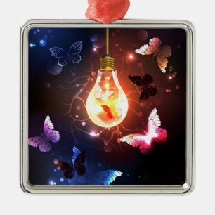 Glowing Light Bulb with Night Butterflies Metal Tree Decoration