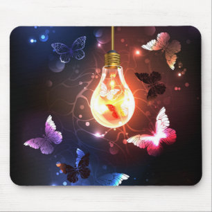 Glowing Light Bulb with Night Butterflies Mouse Mat