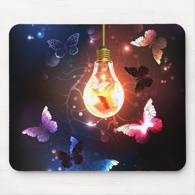 Glowing Light Bulb with Night Butterflies Mouse Mat (Front)