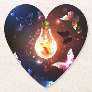 Glowing Light Bulb with Night Butterflies Paper Coaster