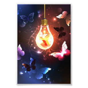 Glowing Light Bulb with Night Butterflies Photo Print