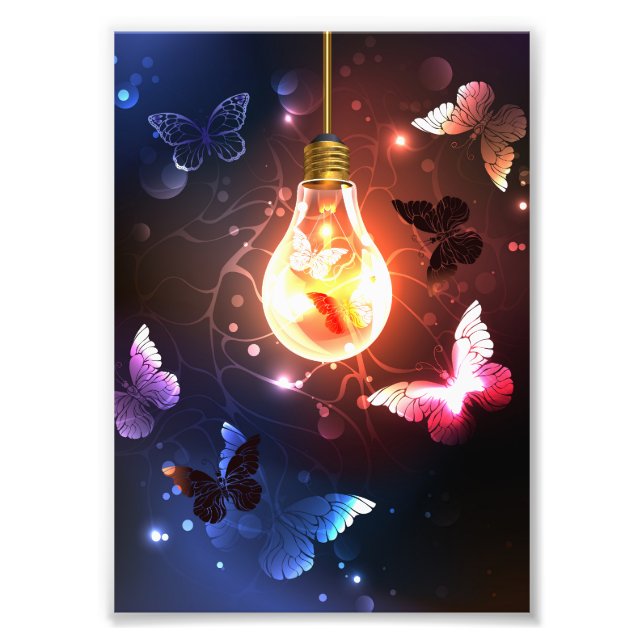 Glowing Light Bulb with Night Butterflies Photo Print (Front)