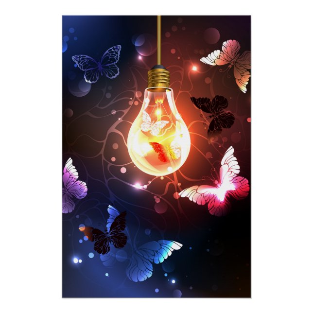 Glowing Light Bulb with Night Butterflies Poster (Front)