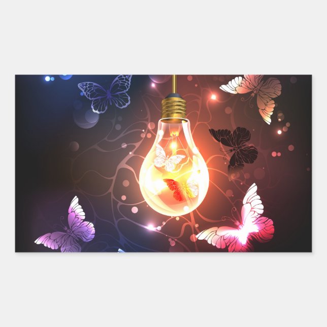 Glowing Light Bulb with Night Butterflies Rectangular Sticker (Front)