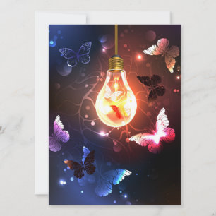 Glowing Light Bulb with Night Butterflies Save The Date