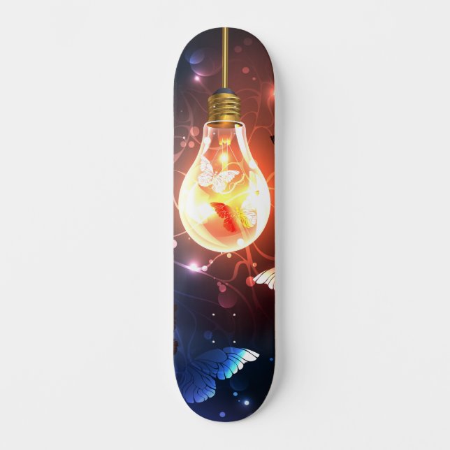 Glowing Light Bulb with Night Butterflies Skateboard (Front)