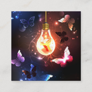 Glowing Light Bulb with Night Butterflies Square Business Card