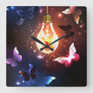 Glowing Light Bulb with Night Butterflies Square Wall Clock