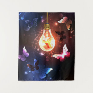 Glowing Light Bulb with Night Butterflies Tapestry