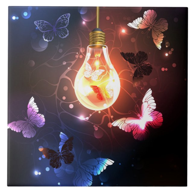Glowing Light Bulb with Night Butterflies Tile (Front)