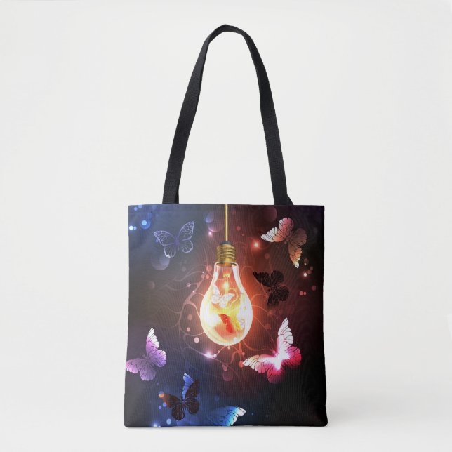 Glowing Light Bulb with Night Butterflies Tote Bag (Front)