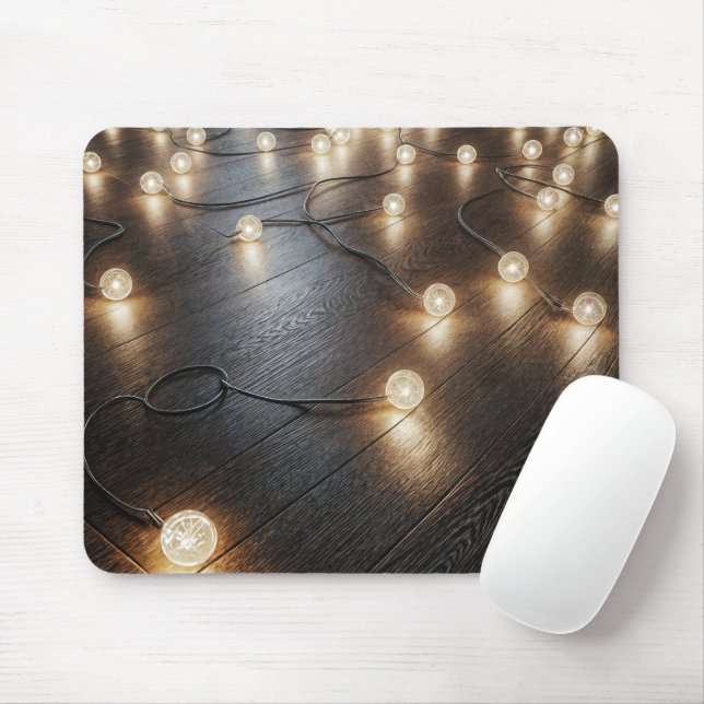 Glowing Light String On a Wood Floor Mouse Mat (With Mouse)
