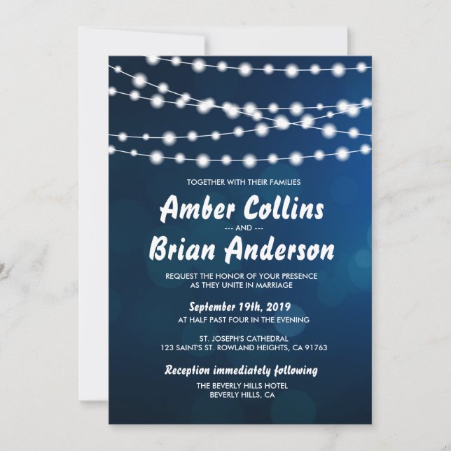 Glowing Light Strings on Deep Blue Bokeh Wedding Invitation (Front)
