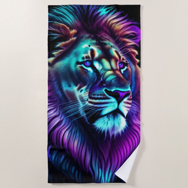 Glowing Lion Purple Blue Beach Towel (Front)