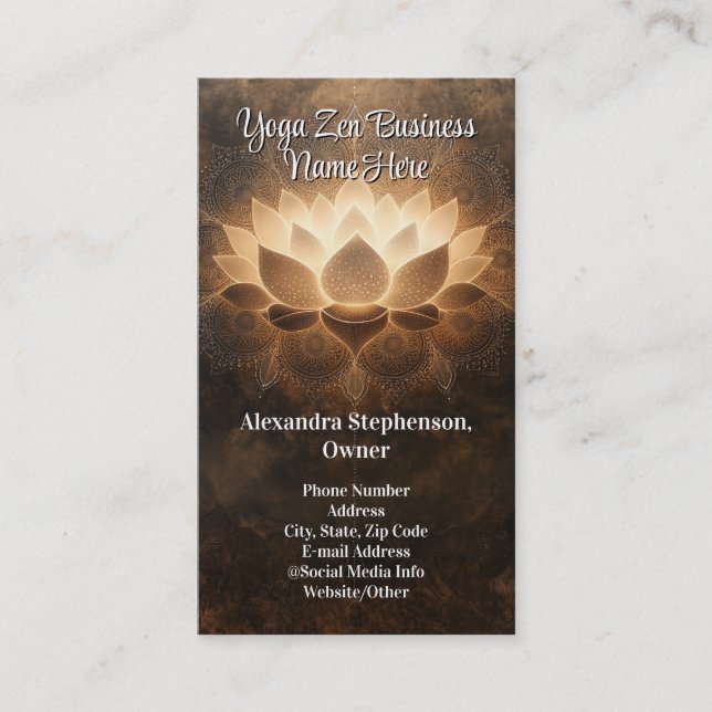 Glowing Lotus Flower Elegant Zen Yoga Spa Wellness Business Card (Front)