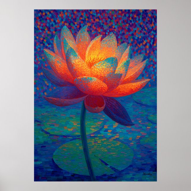 Glowing Lotus Flower Pointillism Art Poster (Front)