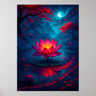 Glowing Lotus Flower under Moonlight Fantasy Poster