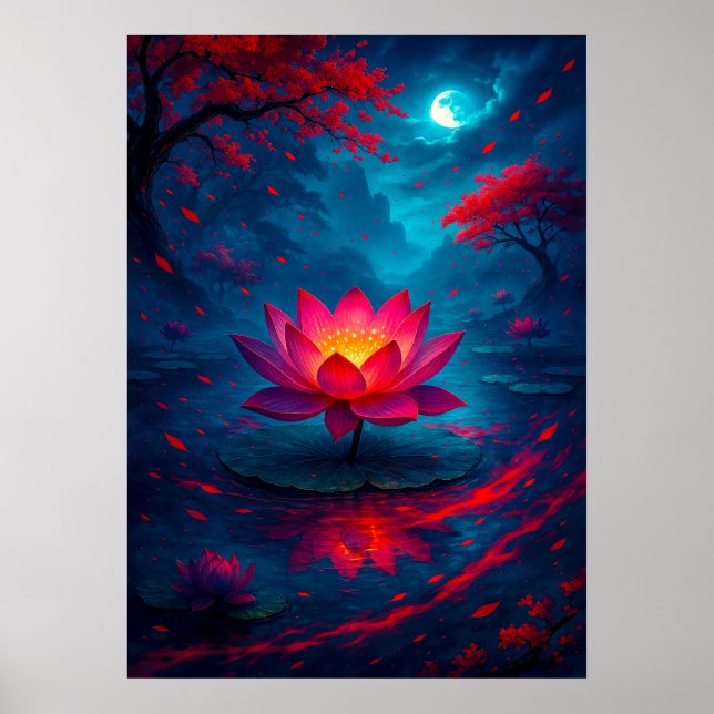 Glowing Lotus Flower under Moonlight Fantasy Poster (Front)