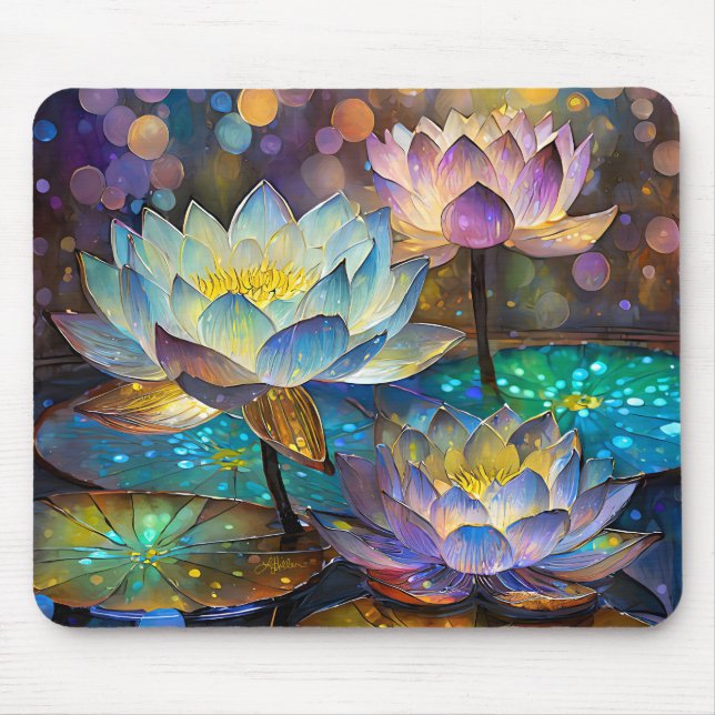 Glowing Lotus Flowers Trio Mouse Mat (Front)