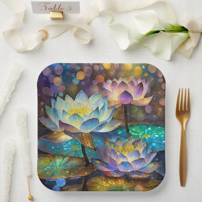 Glowing Lotus Flowers Trio Paper Plate (Wedding)