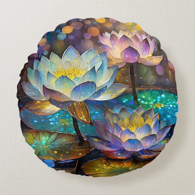 Glowing Lotus Flowers Trio Round Cushion (Front)
