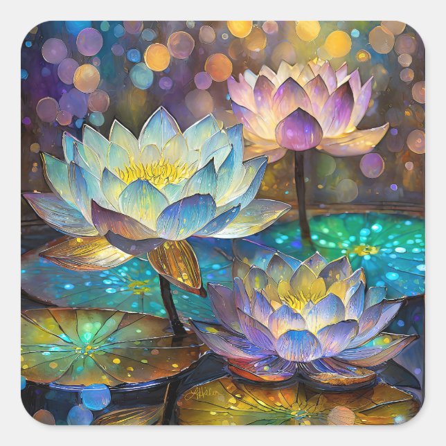 Glowing Lotus Flowers Trio Square Sticker (Front)