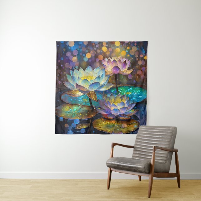 Glowing Lotus Flowers Trio Tapestry (In Situ)