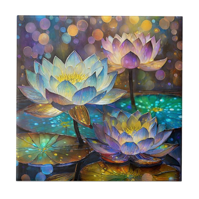 Glowing Lotus Flowers Trio Tile (Front)