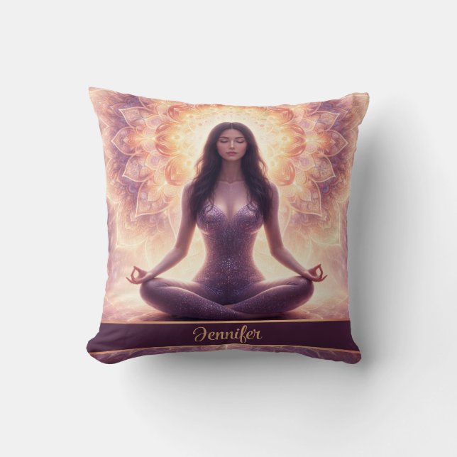 Glowing Mandala Meditation Woman Custom Name       Cushion (Front)