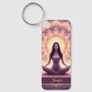 Glowing Mandala Meditation Woman Custom Name Key Ring