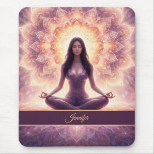 Glowing Mandala Meditation Woman Custom Name Mouse Mat