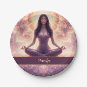 Glowing Mandala Meditation Woman Custom Name Paper Plate