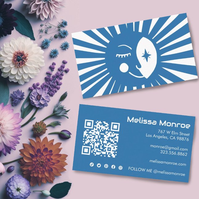 Glowing Moon Cute and Charming Colourful Blue QR  Business Card (Moonbeam business card with social media icons and custom QR code.)