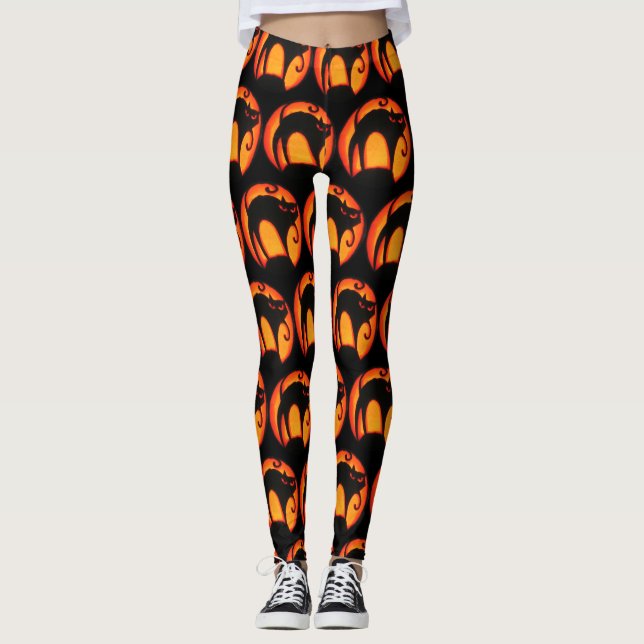 Glowing Moon & Spooky Cat Halloween Leggings (Front)