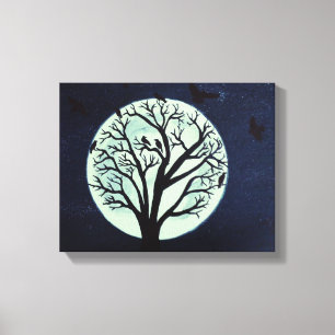 Glowing Moonlight with Old Tree and Crows Canvas Print