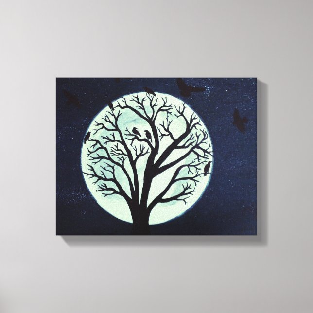 Glowing Moonlight with Old Tree and Crows Canvas Print (Front)