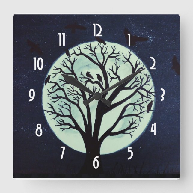 Glowing Moonlight with Old Tree and Crows Square Wall Clock (Front)