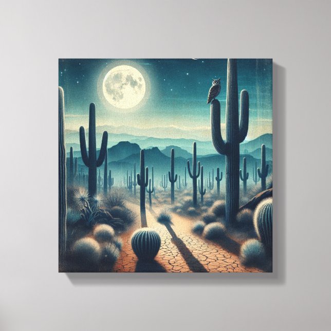Glowing Moonlit Desert with Cactus and Fireflies Canvas Print (Front)