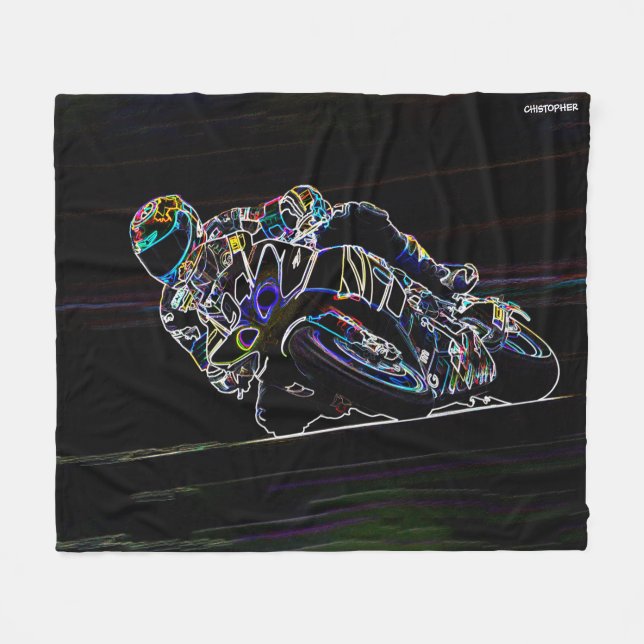 Glowing Motorcycle Rider Circle Racing Sketch Fleece Blanket (Front (Horizontal))