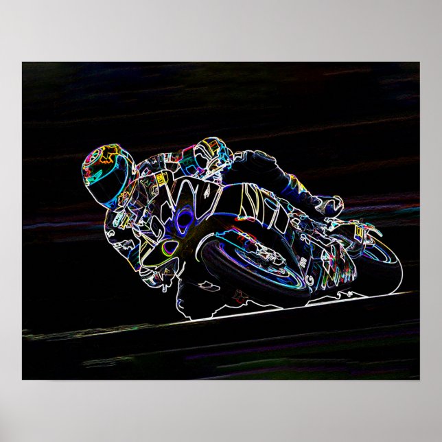Glowing Motorcycle Rider Circle Racing Sketch Poster (Front)