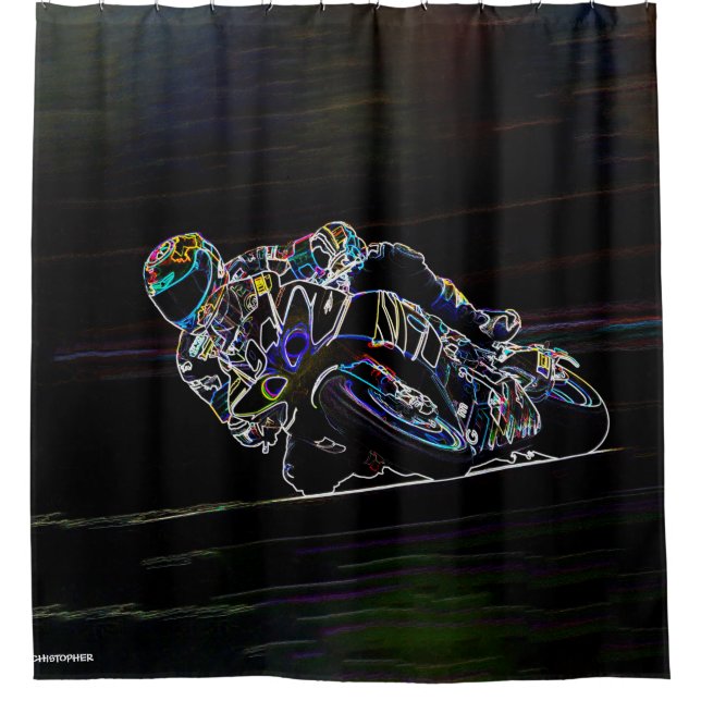 Glowing Motorcycle Rider Circle Racing Sketch Shower Curtain (Front)
