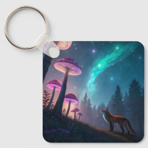 Glowing Mushroom Forest Fox Fantasy Art Key Ring