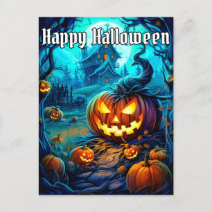 Glowing Nefarious Happy Halloween Pumpkin Postcard