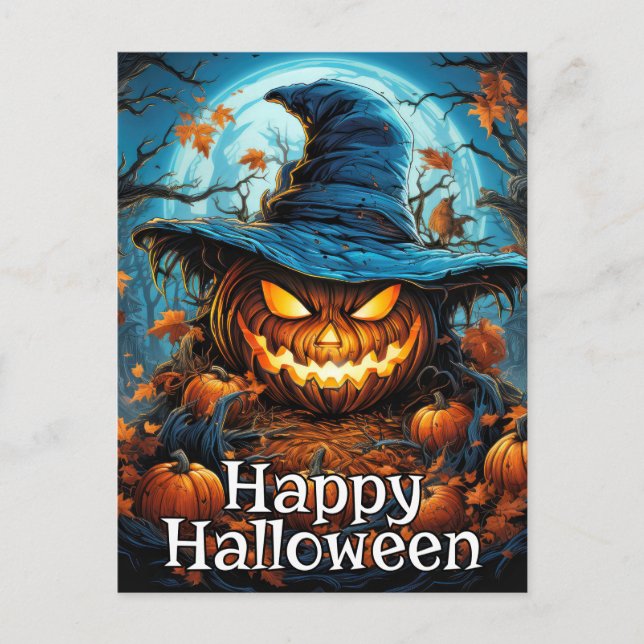 Glowing Nefarious Happy Halloween Pumpkin Postcard (Front)