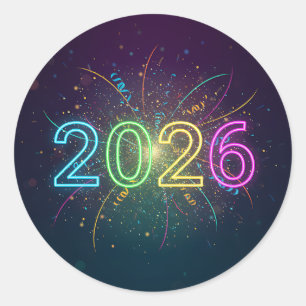 Glowing neon 2026 numbers with confetti and firewo classic round sticker
