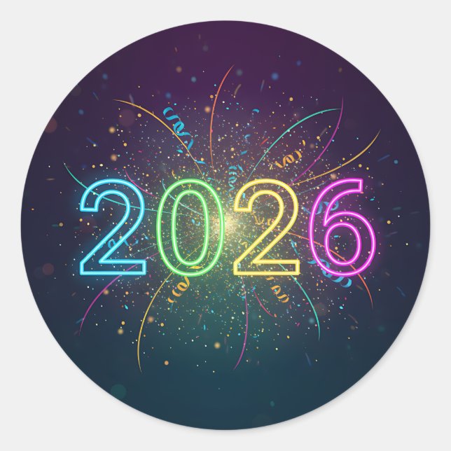 Glowing neon 2026 numbers with confetti and firewo classic round sticker (Front)