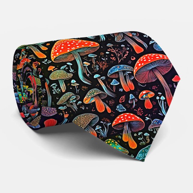 Glowing Neon Bioluminescent Mushrooms Tie (Rolled)
