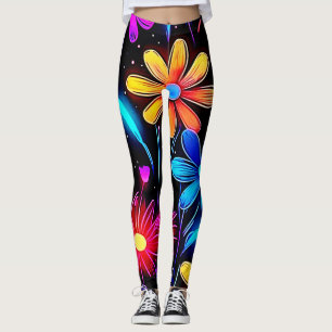 Glowing Neon Floral Pattern Leggings