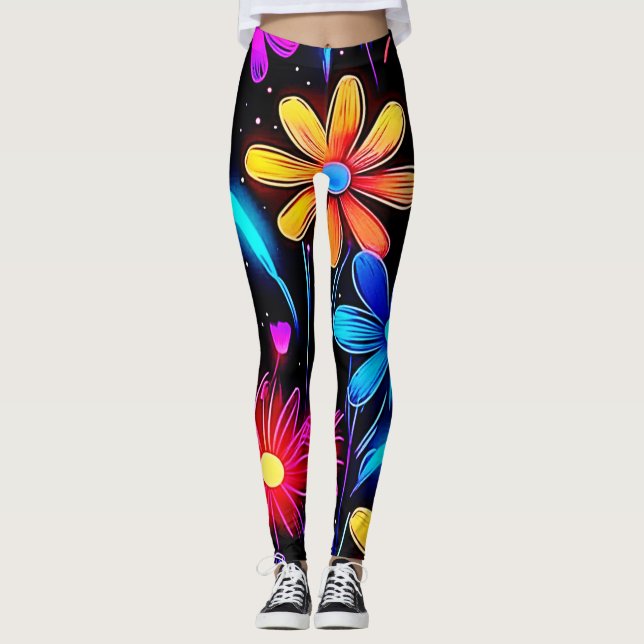 Glowing Neon Floral Pattern Leggings (Front)