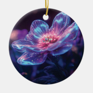 "Glowing Neon Flowers – Enchanting Cosmic Florals Ceramic Tree Decoration